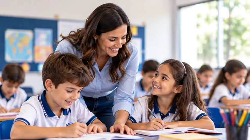 Professora orientando alunos em sala de aula
