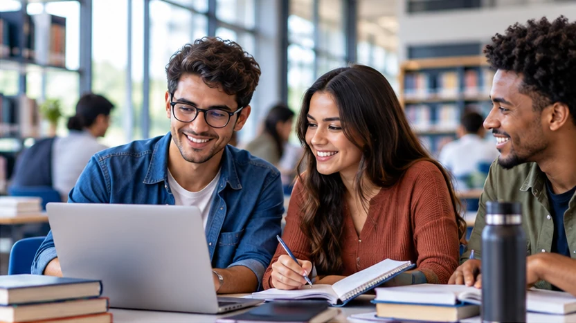 Estudantes universitários trabalhando em grupo com notebook